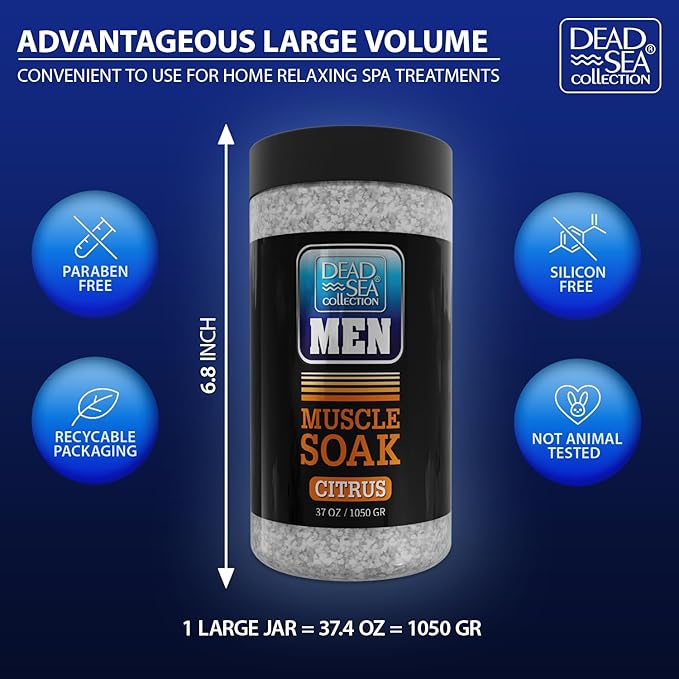 Dead Sea Collection Bath Salts for Men with Citrus Oil - Muscle Recovery Bath Soak – Mens Pure Dead Sea Salt for Soothing and Relaxing – 37 Oz