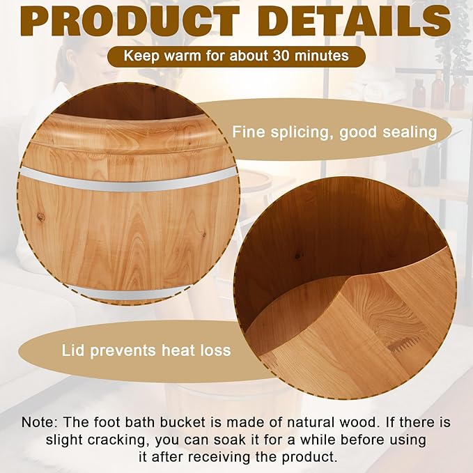 Geelin 10.24 Inch Tall Wooden Foot Bath Bucket with Massage Roller and Lid, Thick Insulated Wooden Foot Basin for Relaxation, Massage Soles, Suitable for Families, Athletes and Elderly