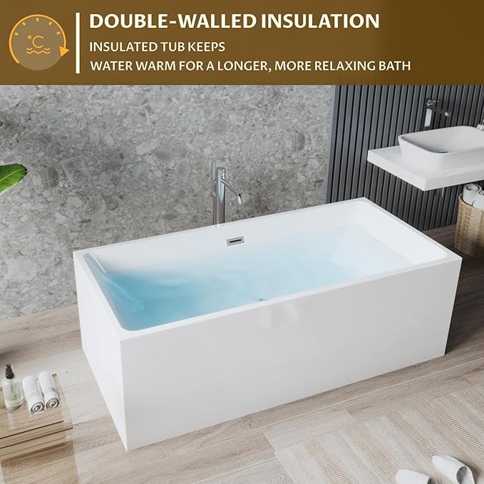 67" Free Standing Tub, Acrylic Soaking Bathtub, Stand Alone Freestanding Tub with Matte Sliver Drain and Overflow, Contemporary Bathtub for Bathroom, White