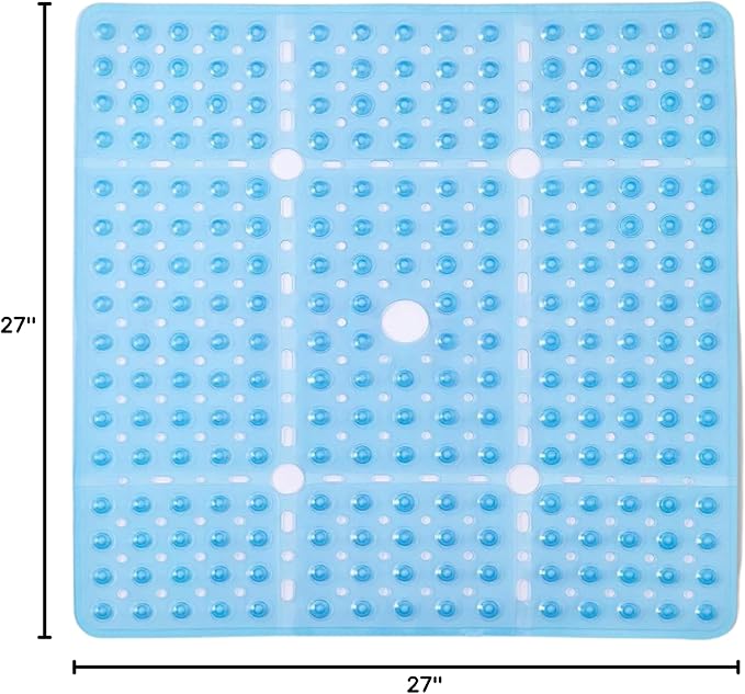 ENKOSI Square Shower Mat 27x27 inch - Anti Slip Bathroom Shower Stall Mats for Shower Floors - Non Slip Square Bath Mat with Strong Secure Suction Cups and Drain Holes in Middle (Clear Blue 27x27)