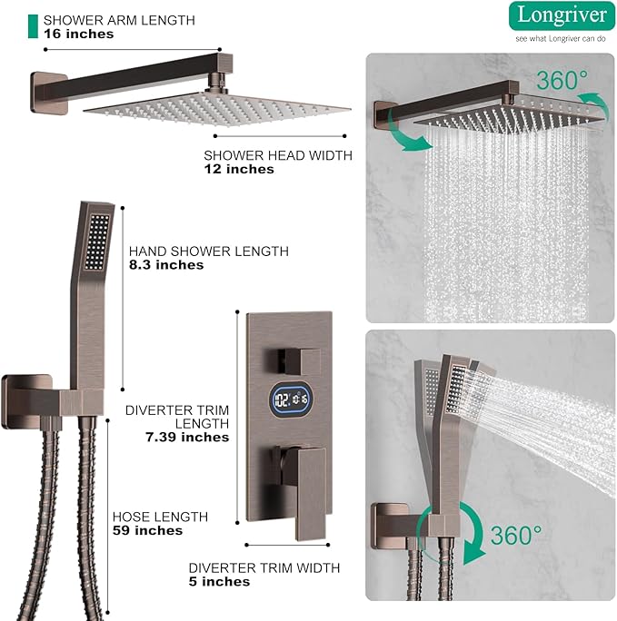 Longriver Shower Faucet Set with Hydro Power Temperature Display, Shower 12 Inch Shower Head with Handheld Spray, Wall Mounted Shower Fixtures with Shower Valve and Trim Kit, Oil Rubbed Bronze