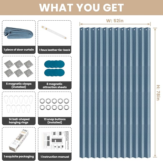 Accordian Door Curtain, 100% Blackout Folding Magnetic Doorway Curtains,Linen Style Closet Doors,for Room Divider,Privacy Protection（W52 x L78,Blue,1 Panel）