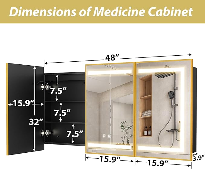 APRILSOUL 48X32 Inch Gold Bathroom Medicine Cabinet with Mirror, Recessed or Surface Lighted Medicine Cabinet with 3 Colors Temperature, Dimmable Light