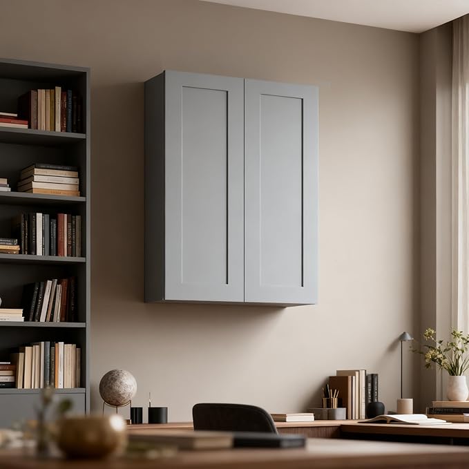 30 Inch Laundry Room Cabinets Wall Mounted, Solid Wood Over The Toilet Storage Cabinet, Bathroom Organizer Cabinets with 2 Door & 3 Shelves, Easy to Assemble for Kitchen, Garage - Dark Gray