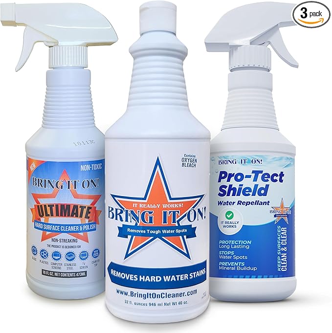 BRING IT ON! CLEANER 32 Ounce Bathroom Cleaning Set | Protect Shield Water Repellent 16 Ounce | Ultimate Hard Surface Cleaner and Polish 16 Ounce