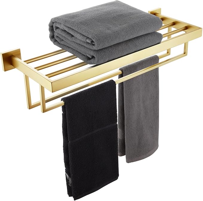 KOKOSIRI Towel Shelf Holder 20'' Bathroom Towel Rack with Two Bath Towel Bars Rails SUS304 Stainless Steel Wall Mount, Brushed Gold B6003BG-L20