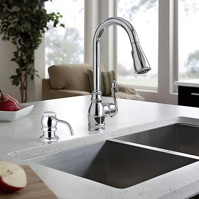 Samodra Kitchen Sink Soap/Lotion Dispenser, Brass Pump Head Chrome Finish 12 OZ Bottle Built in Design Refill from The Top for Granite Thick Deck Installs