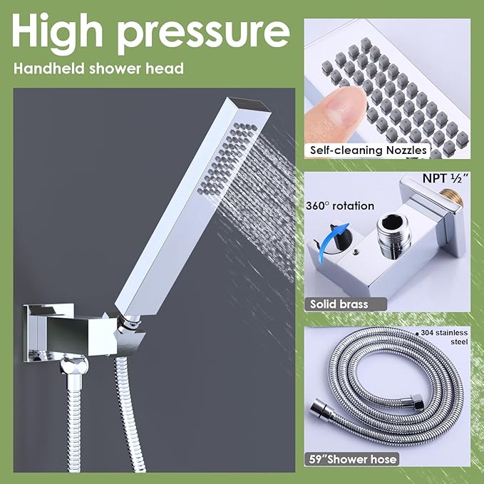 Enga Shower Body Jet System 12 Inch Ceiling Mounted Rainfall Shower Head with Body Sprays and Handheld Shower Faucet Set Rough-in Mixer Valve and Trim, Chrome