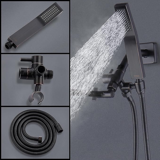 G-Promise All Metal 10 Inch Dual Square Shower Head with Handheld Spray Combo, Rain Shower Head, Adjustable Extension Arm, 3-Way Diverter, 71 Inch Long Hose - A Bathroom Upgrade(Oil Rubbed Bronze)