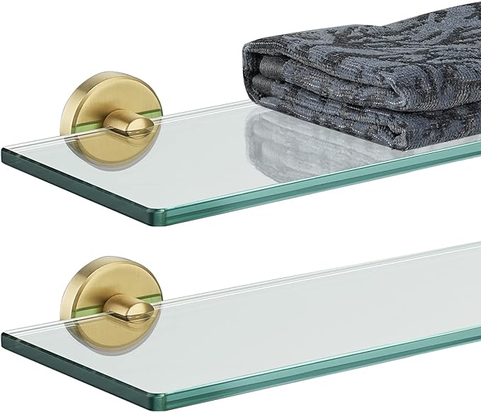 JQK Bathroom Glass Shelf Gold, Tempered Glass Shower Storage 20 by 5 inches, 304 Stainless Steel Brushed Gold Wall Mount, 2 Pack, TGS101L20-BG-P2