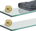 JQK Bathroom Glass Shelf Gold, Tempered Glass Shower Storage 16 by 5 inches, 304 Stainless Steel Brushed Gold Wall Mount 2 Pack, TGS101L16-BG-P2