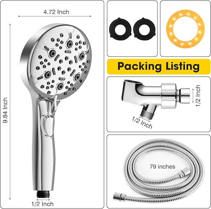 8-Mode High Pressure Handheld Shower Head with ON/OFF Switch,Handheld Shower Wand with Power Wash Spray for Cleaning Tubs,Pets & Tiles,79-Inch Stainless Steel Hose & Bracket,Chrome