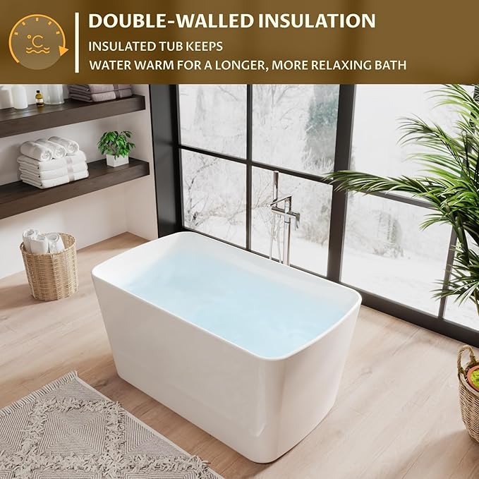 49" Free Standing Tub, Acrylic Soaking Bathtub, Stand Alone Freestanding Tub with Matte Sliver Drain and Overflow, Contemporary Bathtub for Bathroom, White