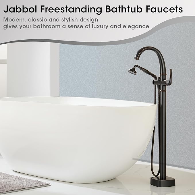 Free Standing Tub Faucet, Jabbol Premium Brass Luxury Freestanding Bathtub Faucet, Bathroom Floor Mount Tub Filler with Handheld Sprayer, Classic Roman Tub Faucets Oil Rubbed Bronze (JB-8811ORB)