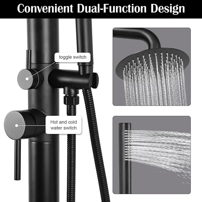 2-Function Poolside Portable Power Shower Floor Mounted Freestanding Black Poolside Shower with Handheld Sprayer for Backyard Garden/Pool/Beach Courtyard