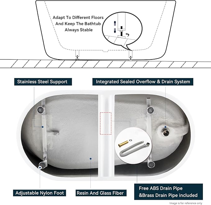 FerdY Lana'i 60" Freestanding Bathtub, Gracefully Shaped Freestanding Soaking tub, cUPC Certified, Polished Gold Drain Assembly Included