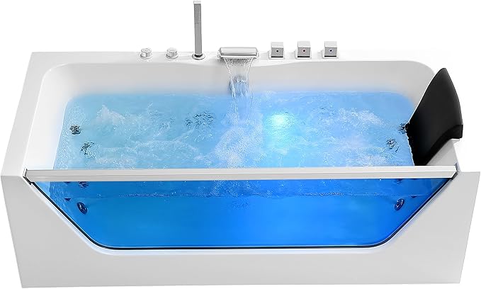 Empava 67 in. Acrylic Alcove Whirlpool Bathtub - Hydromassage Rectangular Jetted Soaking Tub with Center Drain - Waterfall Faucet