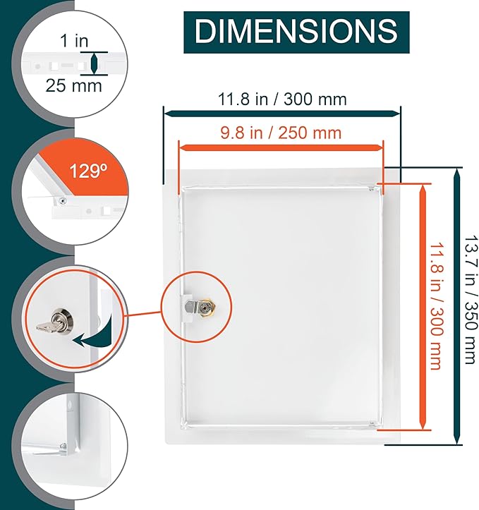 10" x 12" Lockable White Metal Access Door. Service Shaft Wall Panel with Key. Plumbing, Electricity, Heating, Alarm Access Hole Cover
