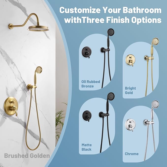 Antique Shower Head Faucet Set,Brushed-Gold Vintage Wall Mount Shower Faucets Combo With Handheld Spray,Bathroom Rainfall Shower System Trim Kit With Brass Pressure Balance Valve & 9''Shower Head