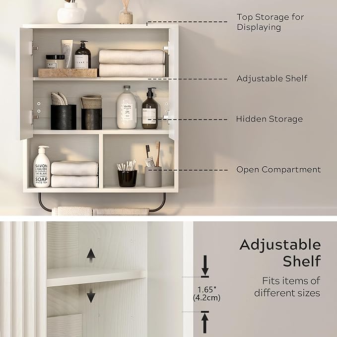 Fluted Wall Cabinet Set of 2, Wooden Bathroom Medicine Cabinet Storage with 2 Doors, Adjustable Shelf and Towels Bar, Modern Wall Mount Large Floating Cabinet for Kitchen White
