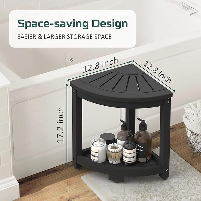 Waterproof Corner Shower Stool for Inside Shower, Poly Lumber Shower Bench Seat Chair, Bath Shower Stool for Shaving Legs Foot Rest with Storage Shelf, Adjustable & Non-Slip Feet, Black