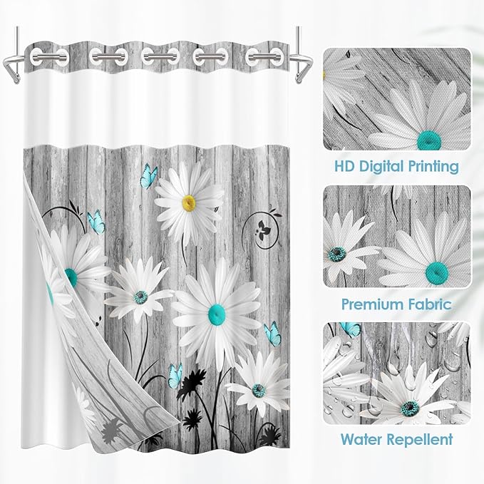 No Hook Flower Daisy Shower Curtain with Snap in Fabric Liner Set, Gray Wooden Boards Double Layers Waterproof Fabric with See Through Top Window Open Grommet Bath Curtain 71x74 Inch
