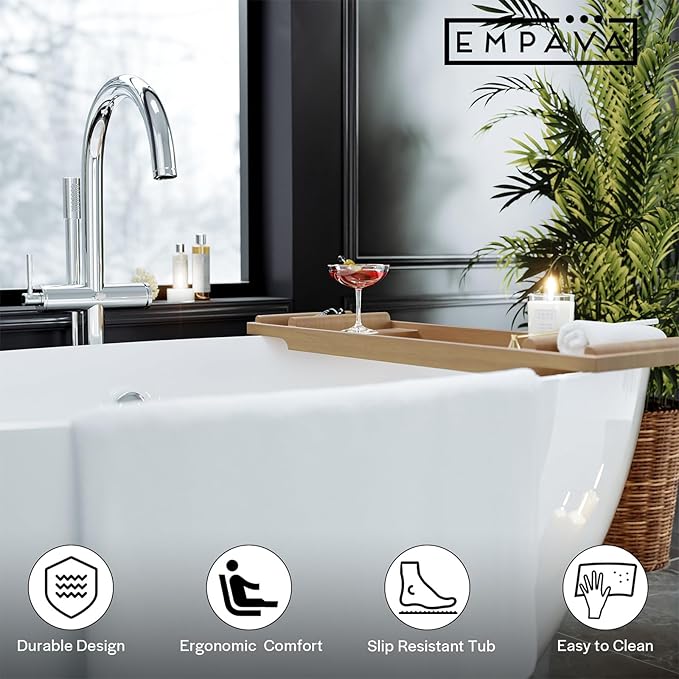 Empava Freestanding Bathtub, 71" Soaking Tub with Center Drain & Overflow – Acrylic Tub, Non-Slip Flat Bottom, Glossy White, cUPC Certified