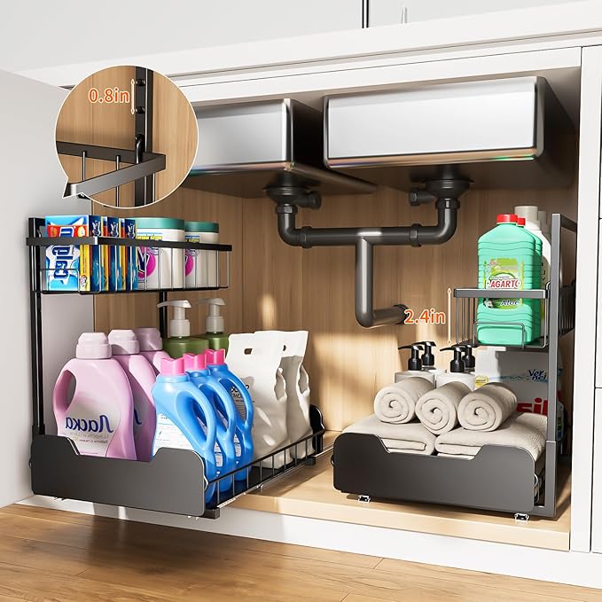 Under Sink Organizer, 2-Tier L-Shaped Pull Out Cabinet Shelf with 2 Installation Methods, Adjustable Sliding Storage Drawer for Kitchen, Bathroom, Laundry, Metal, Black