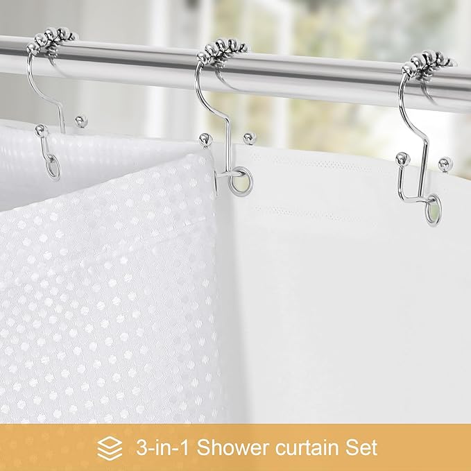 3 in 1 Stall Half Size Shower Curtain Set-36W x 72 H, White Waffle Waterproof Fabric and PEVA Liner Set with Stainless Steel Hooks