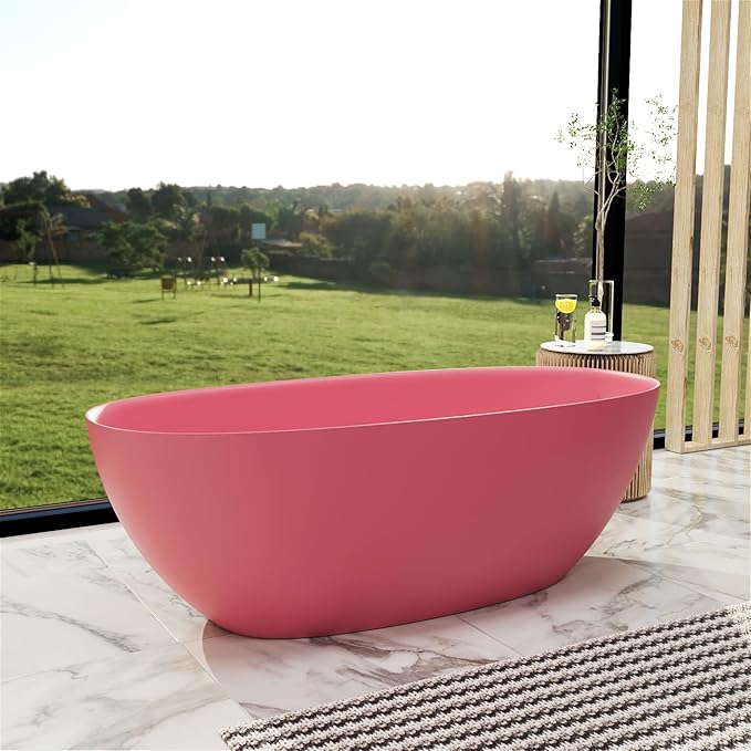 GIVINGTREE 65'' Freestanding Solid Surface Resin Stone Bathtub, Contemporary Design Stand Alone Tub with Pop-up Drain and Overflow, cUPC Certified, Pink (Oval)