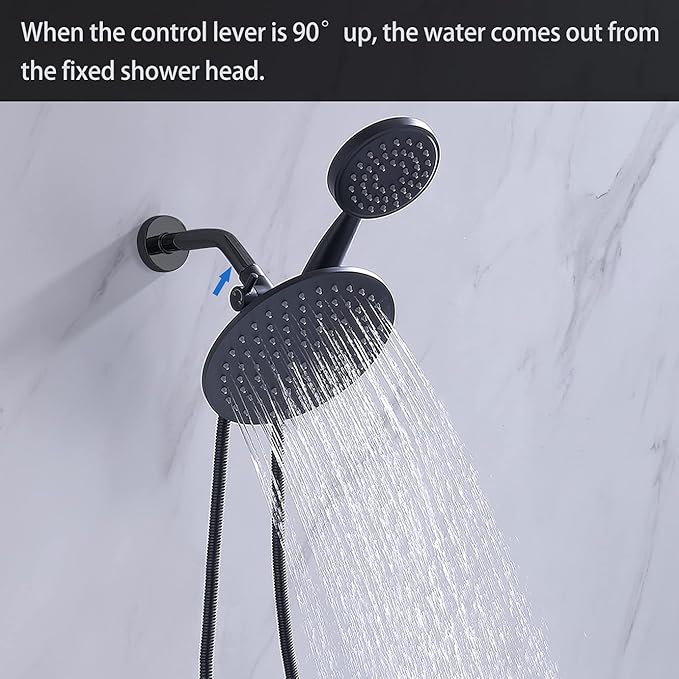 G-Promise Solid Metal Shower Arm Diverter with Holder for Hand Held Showerhead and Fixed Spray Head, G 1/2 3-Way Bathroom Universal Diverter System Replacement Part (Matte Black)