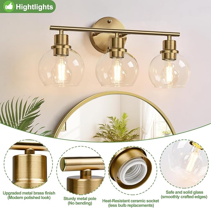 2025 Upgrade 3-Light Bathroom Light Fixtures, Brushed Brass Bathroom Lights Over Mirror with Clear Glass Globe Shade, Vanity Lights for Bathroom Kitchen Living Room Hallway Cabinet Bedroom Porch