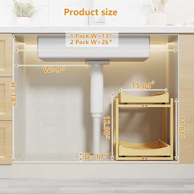 Bamboo Under Sink Organizer Adjustable Height 2 Tier Bathroom Organizer Pull Out Cabinet Storage Kitchen Heave Duty Wood Slide Ou Shelf for Kitchen Bathroom (Nature, 1 Pack)