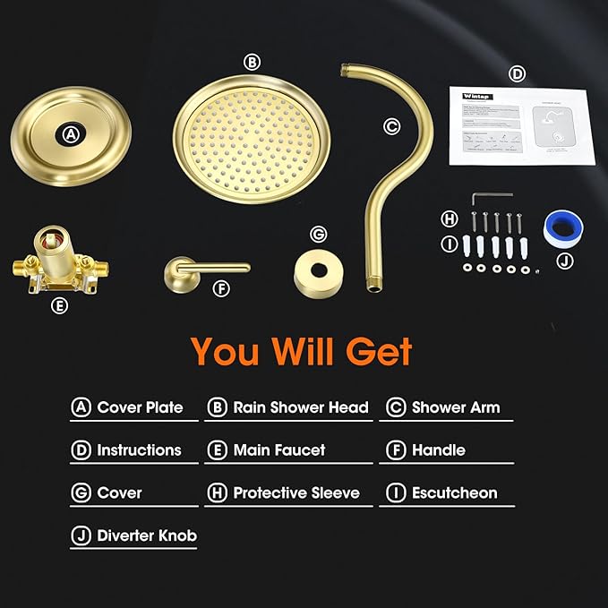 Antique Shower Faucet Set Brushed Gold, 9 inch High Pressure Rainfall Shower Head, Shower System with Pressure Balance Valve, Shower Trim Kit with Rough-in Valve (WT-9817BG)