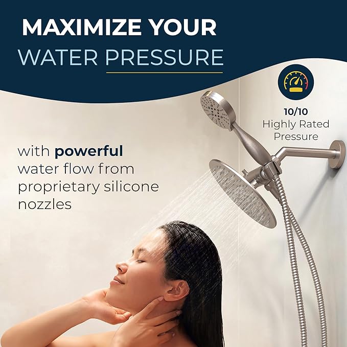 HammerHead Showers Dual Shower Head Combo, 8-Inch Rainfall & 3-Flow Handheld, Brushed Nickel, 2.5 GPM