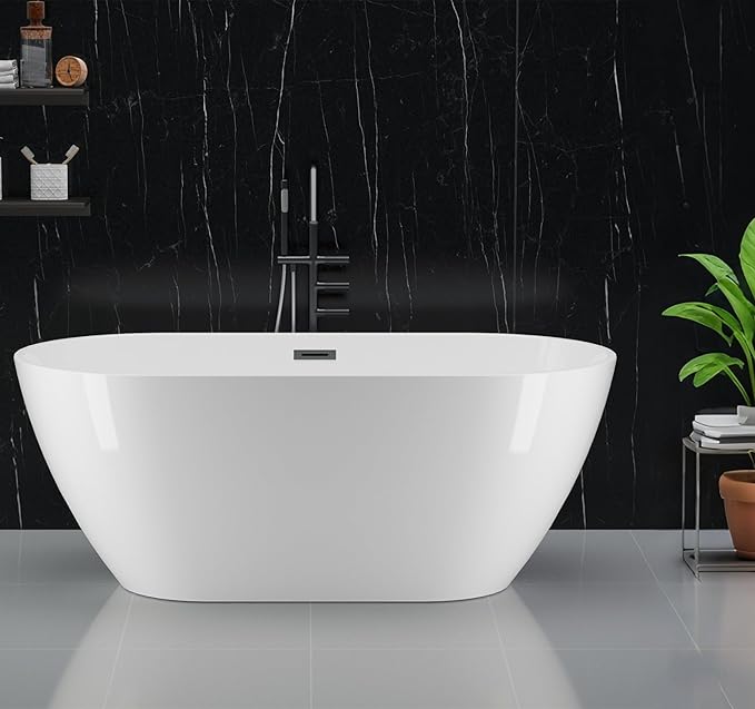 Freestanding Bathtubs 67 inch Acrylic Stand Alone Tub – White Finish with Chrome Drain, Deep Ergonomic Oval Soaking Tub, Modern Freestanding Tub for Bathroom, Family or Guest Use
