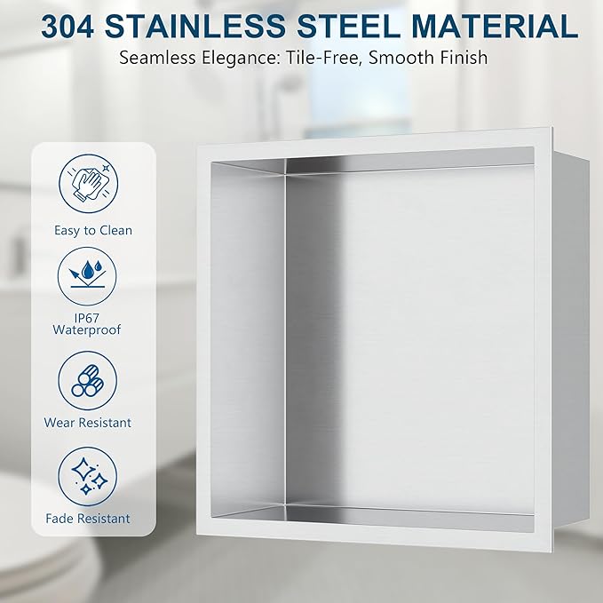 Neodrain Recessed Shower Niche, Bathroom Storage Cabinet Inner Size 12" X 12", Brushed Stainless Steel Bathroom Wall Niche Insert No Tile Needed for Shampoo