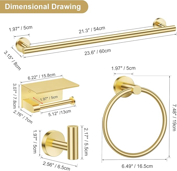 5-Piece Towel Bar Set Brushed Gold Bathroom Hardware Accessories Set Upgraded Toilet Paper Holder with Shelf Towel Holder Set for Bathroom Stainless Steel Wall Mounted