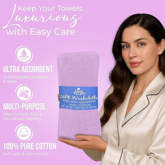 DAN RIVER 24 Pack Wash Cloths for Showering [12x12] - 100% Cotton Washcloths Premium Quality Flannel Face Cloths for Bathroom, Highly Absorbent and Soft Feel Wash Clothes, Lavendar