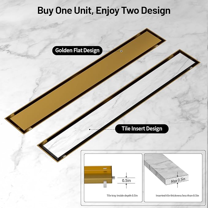 Linear Shower Drain, 304 Stainless Steel with Adjustable Leveling Feet, Hair Strainer,Reversely Install Place to Create an Invisible Floor Drain - Gold -12-Inch