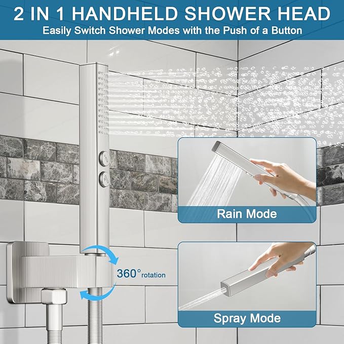 Shower Faucet Set Brushed Nickel Shower System, Ceiling Mount 10 Inch Shower Head With Wall Mount 6 Inch Shower Head and 2 in 1 Handheld Spray, Push Button Diverter Shower Valve Trim Kit