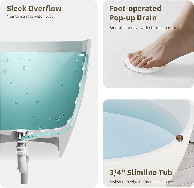 Abruzzo 59" Small Freestanding Bathtub Solid Surface - Egg Shape Stone Resin Soaking Tub with Overflow Drain, cUPC Certified Matte White, Compact Oval Tub for Limited Space Bathrooms