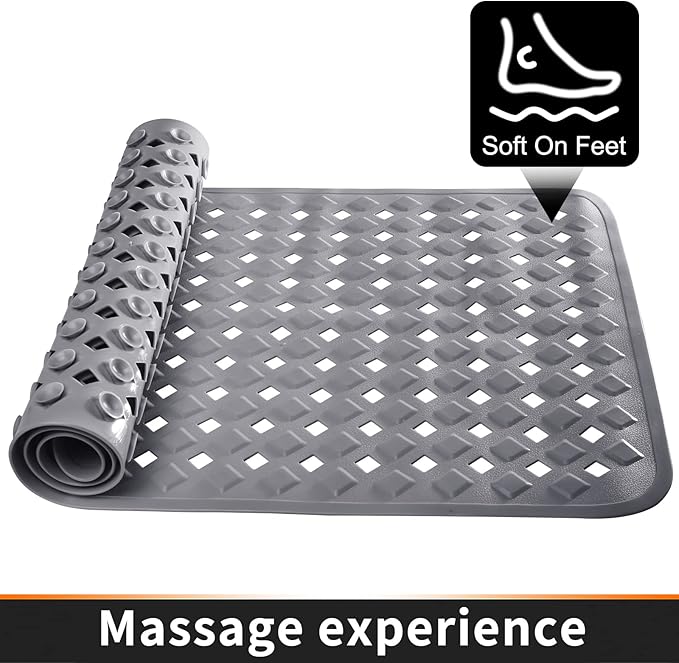Yimobra Non Slip Bath Mat, Super Strong Suction Cups,34.5"x15.5"Long Tub Mat with Drain Holes, Machine Washable Fast Draining Shower Mats, Bathroom Essentials,Gray