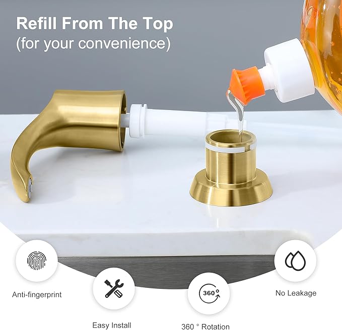 GAGALIFE Kitchen Sink Soap Dispenser with Large Bottle, Built in Sink Soap Dispenser Refill from Top, Brushed Gold
