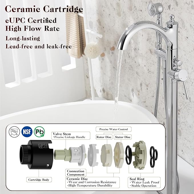 Free Standing Tub Faucet, Classic Freestanding Bathtub Faucet with Vintage Hand Shower Brass High Flow Rate Floor Mount Tub Filler Swivel Spout Soaker Tub Faucets Polished Chrome (WT-9002CP)