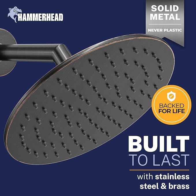 HammerHead Showers Solid Metal Round 8 Inch Rainfall Shower Head, High Flow Shower Head Optimized for Pressure, Oil Rubbed Bronze, 2.5 GPM