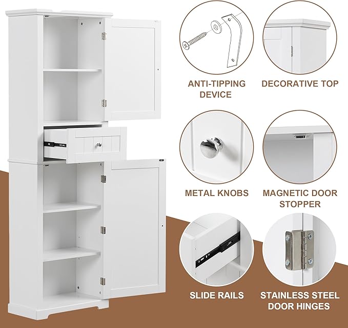 Favfurish 68" Tall Bathroom Storage Cabinet with Doors and Drawer,Modern Linen Cabinets w/Adjustable Shelf and Anti-Toppling Device,Freestanding Organizer for Bath Room,Study,Office,Kitchen White