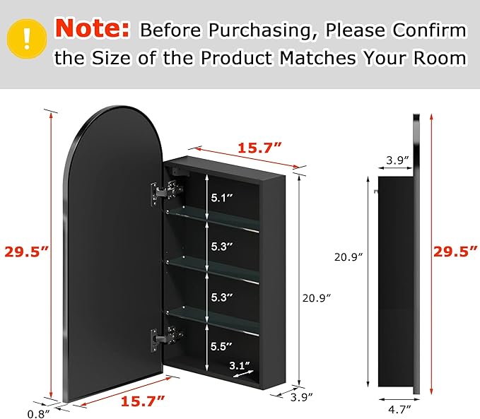FKWin Arched Medicine Cabinet with Mirror,Bathroom Mirror with Storage,Aluminum Alloy Bathroom Cabinet,Modern Wall Mounted Medicine Cabinet with 3 Adjustable Shelves,Not Recessed, 29.5"x15.7",Black