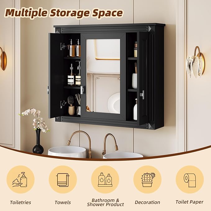 Merax Wall Mounted Bathroom Medicine Cabinet with Mirror, Bathroom Wall Cabinet with Doors and Shelves, 34" x 29" Mirrored Door Over Toilet Storage Cabinet, Black