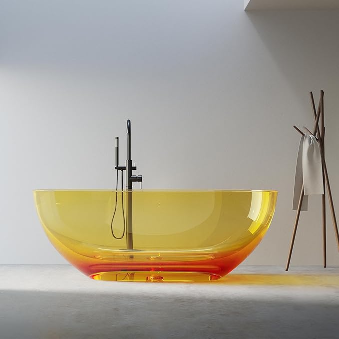 Solid Surface Freestanding Bathtub 61", Modern Oval Shape Soaking Tub, Stone Resin Stand Alone Bathtub with Drain & Integrated Slotted Overflow Transparent Orange AMFS303-1550-Orange